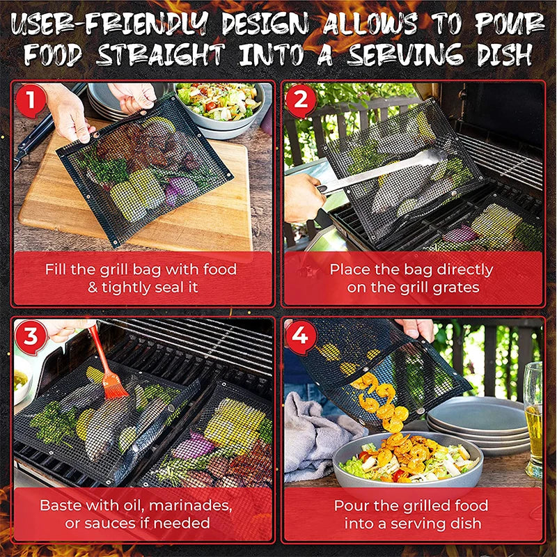 Reusable Non-Stick PTFE Mesh Grill Bags for BBQ - Ideal for Vegetables, Meat, and Smoker Use - Multiple Sizes Available