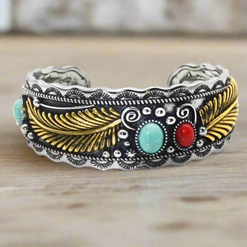 Vintage Bohemian Leaf Bracelet for Women - Carved Ethnic Cuff Bangle with Adjustable Opening