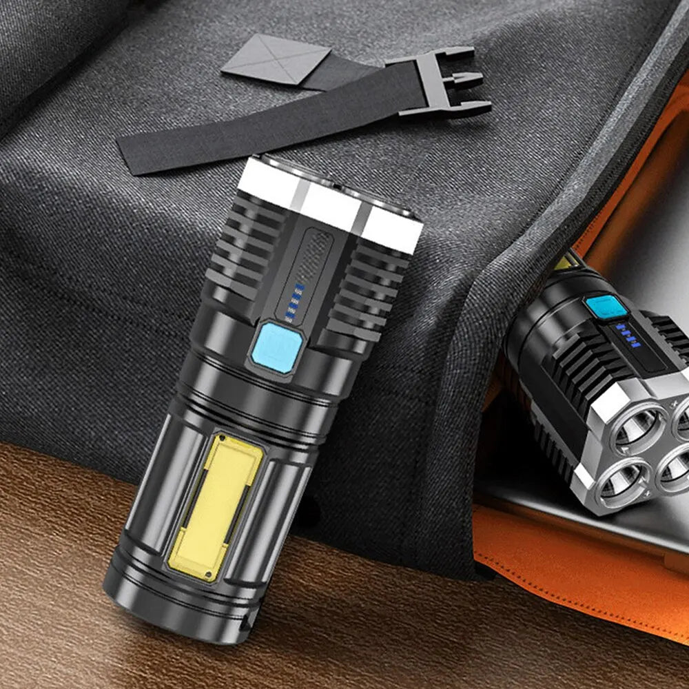 Portable LED Flashlight - High Lumens Tactical Light with Sidelight - 4X LED - Zoomable - Water-resistant - Rechargeable