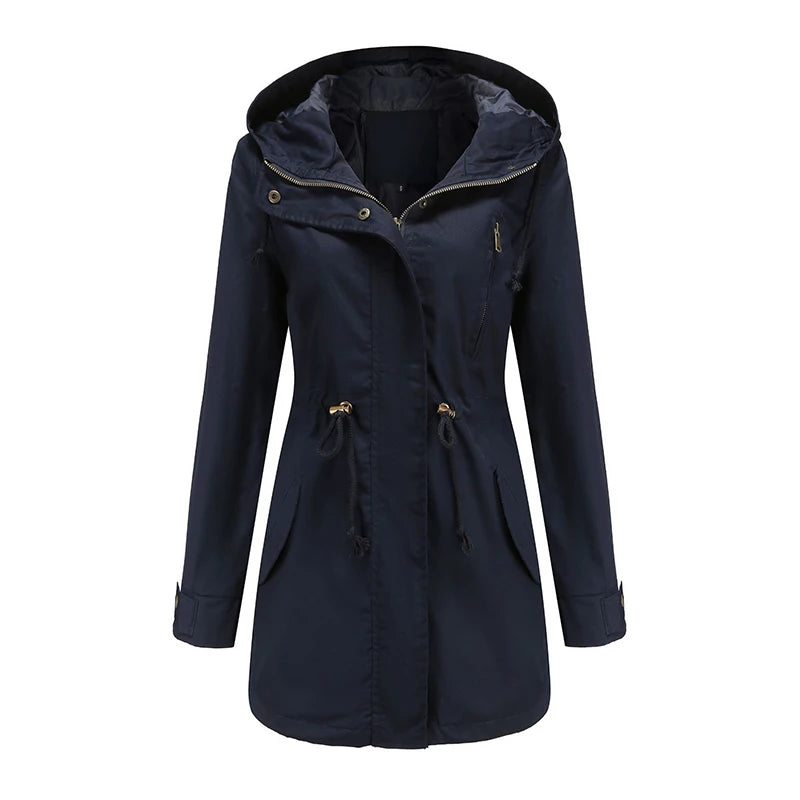 Hooded Windbreaker Jacket with Drawstring Waist and Pockets for Women - Comfortable and Stylish Trench Coat - Sizes S-4XL Available