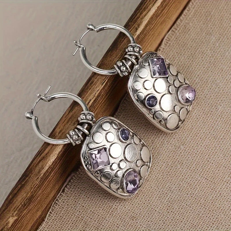 Vintage-Inspired Purple Geometric Drop Earrings - Stylish Square Design for Women’s Accessories