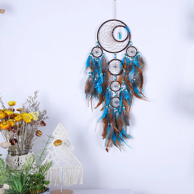 Handmade Indian Dreamcatcher with Rattan Bead Feathers - Bohemian Style Dreamcatcher