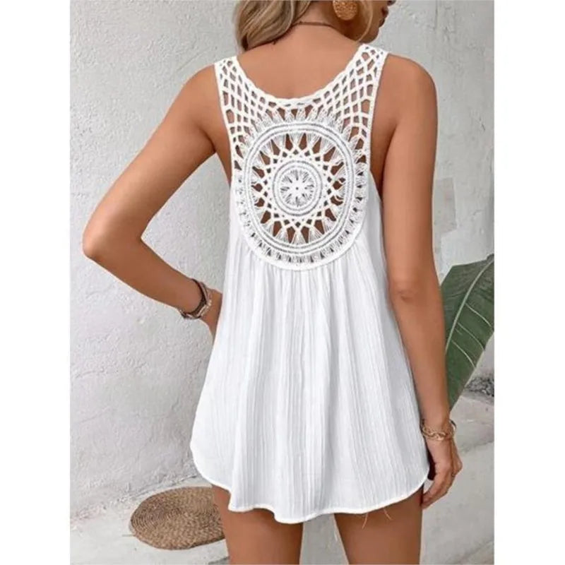 Women's Boho Lace Hollow Back Tank Tops - Summer Beach Blouse for Everyday Wear