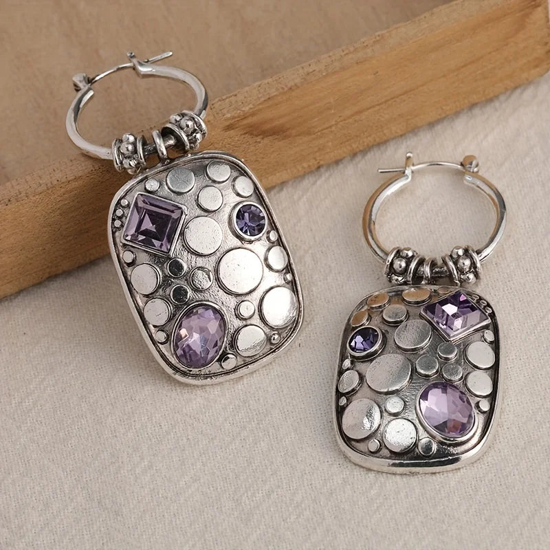 Vintage-Inspired Purple Geometric Drop Earrings - Stylish Square Design for Women’s Accessories