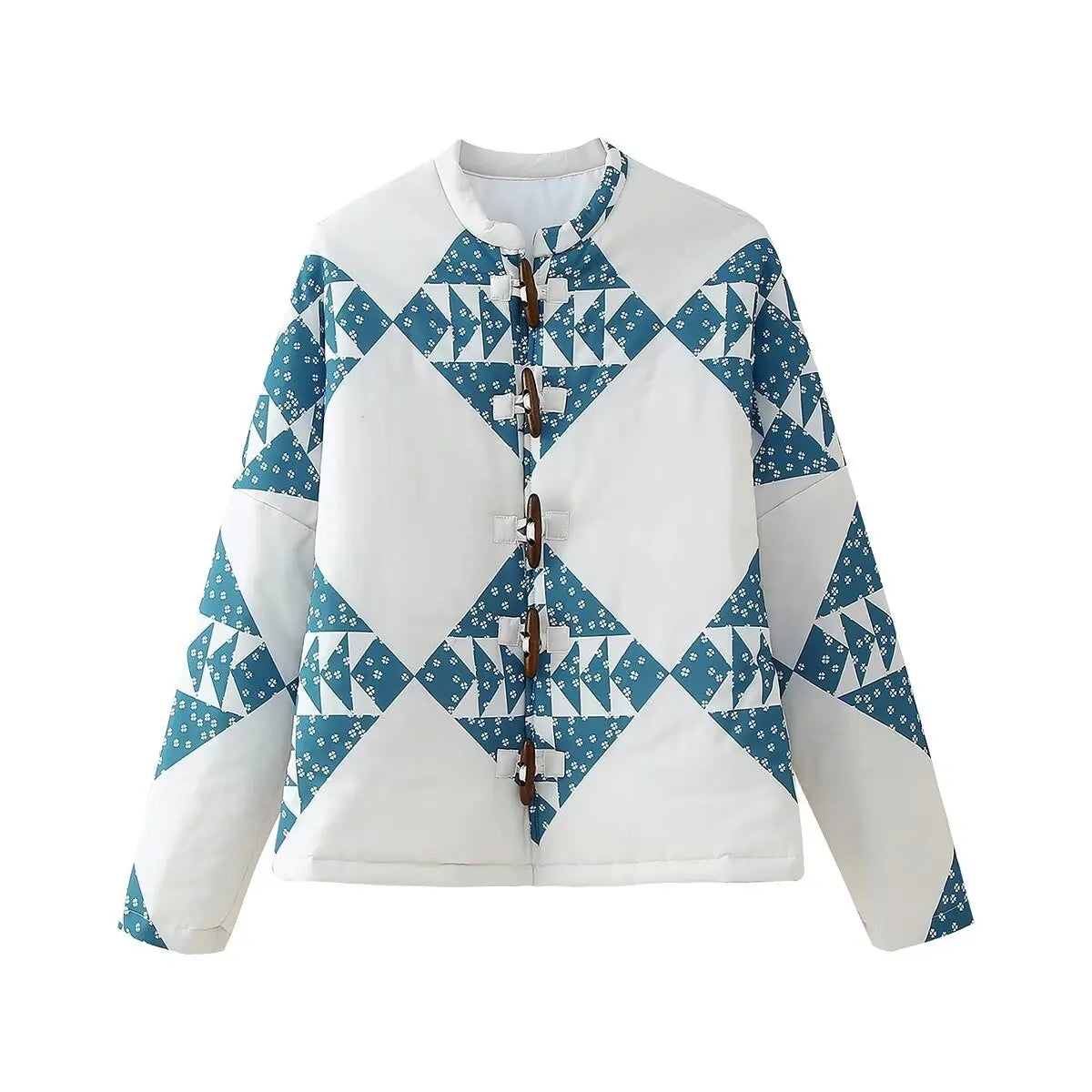 Women’s Retro White Quilted Coat with Blue Geometric Print and Horn Buttons | Full Sleeve Ethnic Loose Jacket for Fall/Winter