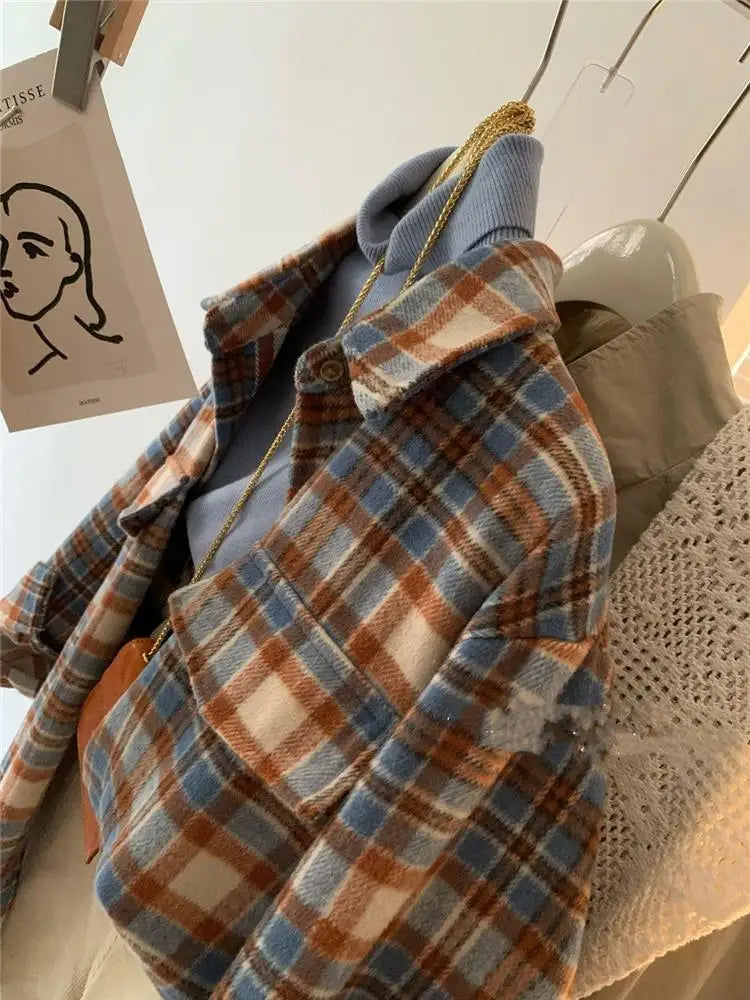 Women's Vintage Plaid Woolen Shirts| Stylish Baggy Casual Tops with Pockets | Lapel Outerwear in Blue and Coffee (S-3XL)