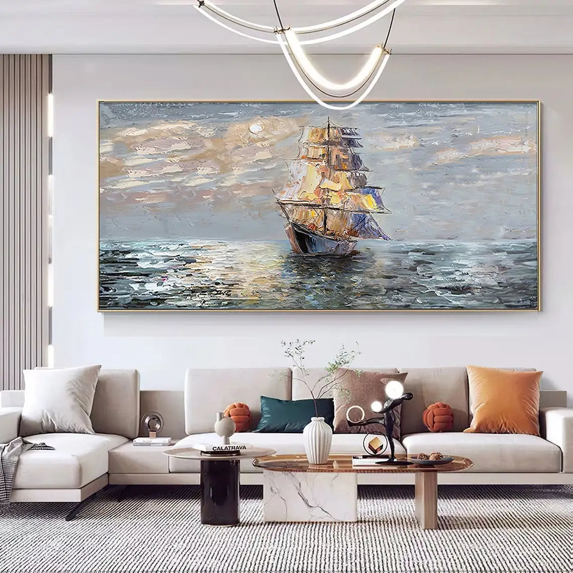 Noble Gray Abstract Sailboat Oil Painting on Canvas – Large Modern Landscape Wall Art for Living Room Decor