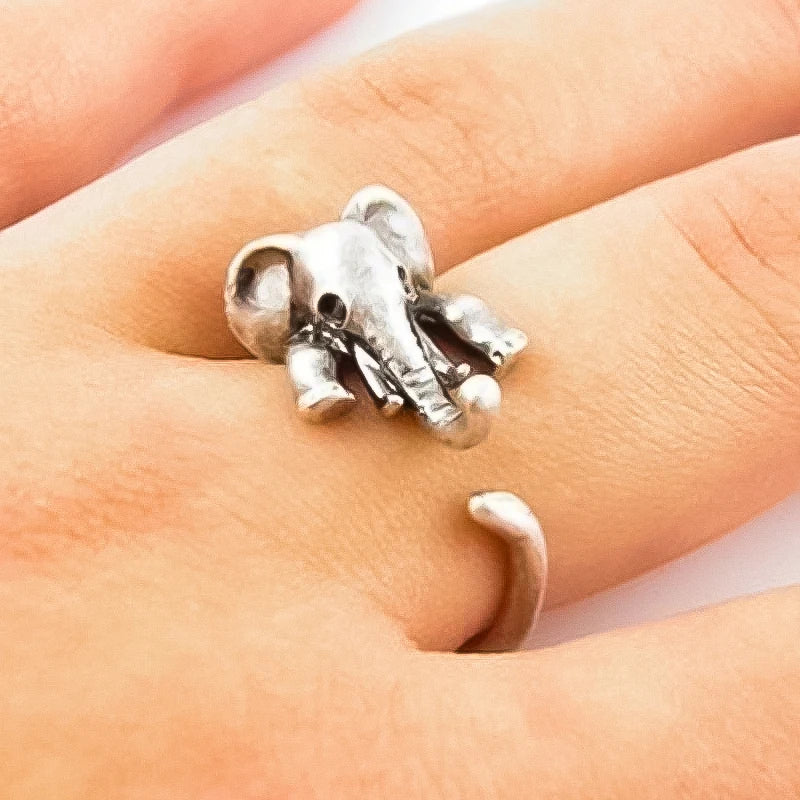 Antique Silver Adjustable Open Ring with Elephant and Mouse Design - Unisex Creative Jewelry for Women and Men - Party Fashion Accessory with Mood Tracker