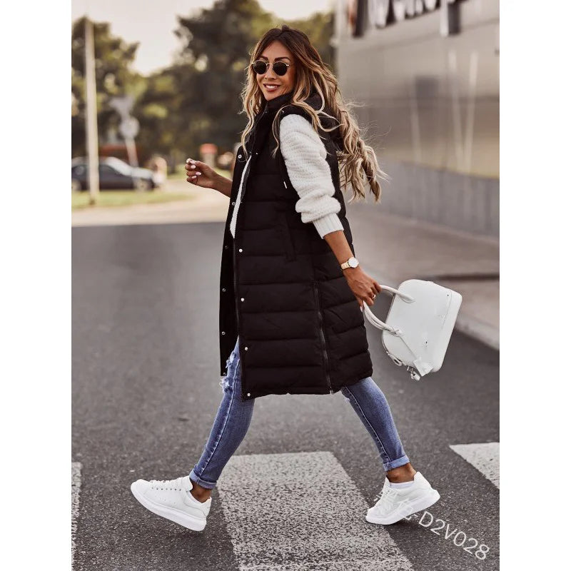 Women's Winter Long Quilted Sleeveless Waistcoat with Hood | Autumn/Winter Vest Coat (Up to 5XL)