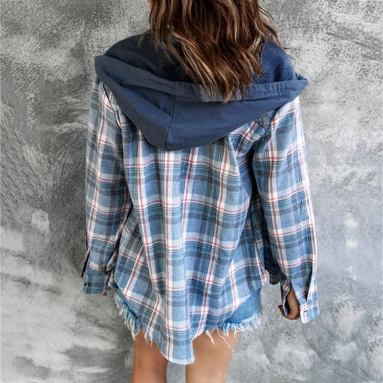 Women's Blue Plaid Long Sleeve Button Down Shirt | Hooded Casual Blouse with Pocket | Retro Drawstring Top