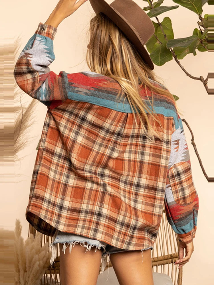 Gypsylady Retro Aztec Plaid Pattern Long Sleeve Jacket for Women | Cozy Autumn/Winter Coat with Pockets