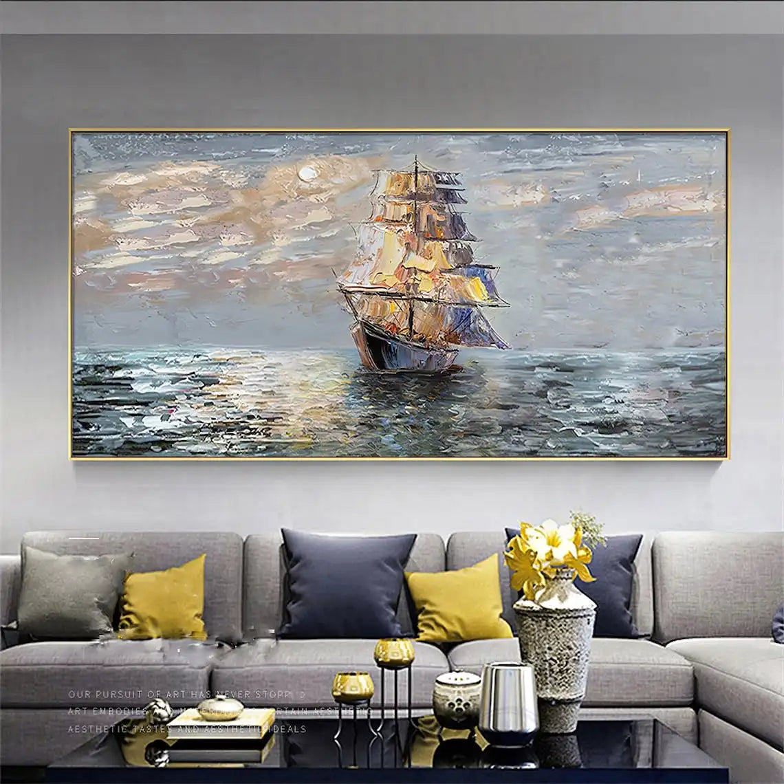 Noble Gray Abstract Sailboat Oil Painting on Canvas – Large Modern Landscape Wall Art for Living Room Decor