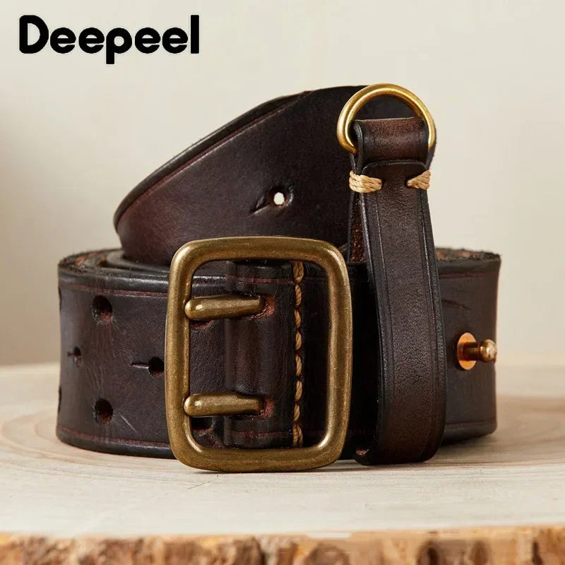 Retro Deepeel Men's Genuine Cowhide Leather Belt with Double Pin Buckle