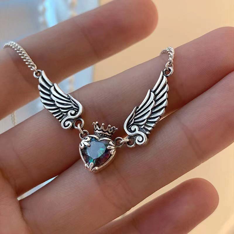 Vintage Heart Crown Angel Wings Pendant Necklace - Handcrafted Zinc Alloy and Silver-Plated Metal