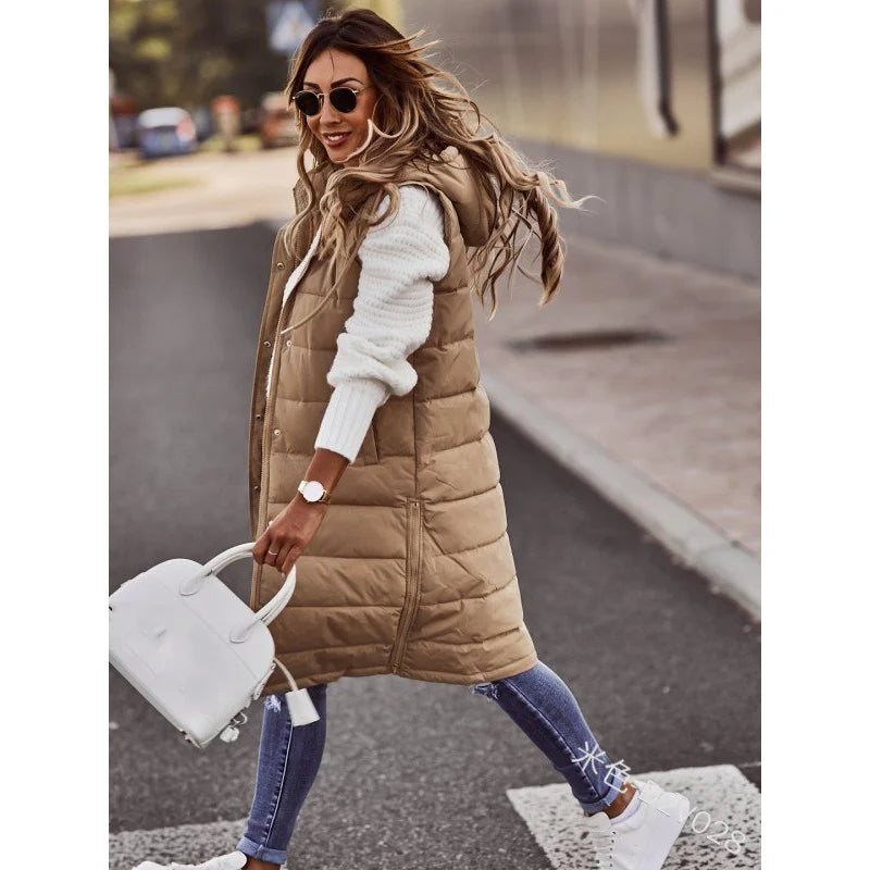 Women's Winter Long Quilted Sleeveless Waistcoat with Hood | Autumn/Winter Vest Coat (Up to 5XL)