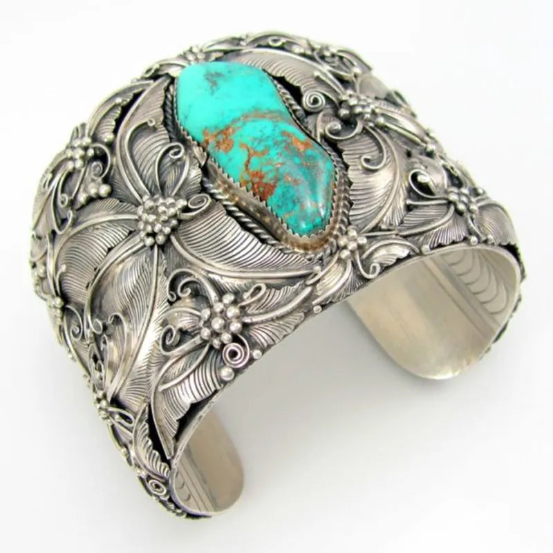 Vintage Bohemian Leaf Bracelet for Women - Carved Ethnic Cuff Bangle with Adjustable Opening