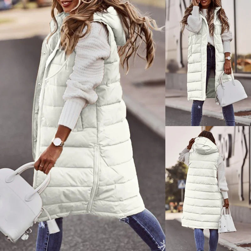 Women's Winter Long Quilted Sleeveless Waistcoat with Hood | Autumn/Winter Vest Coat (Up to 5XL)