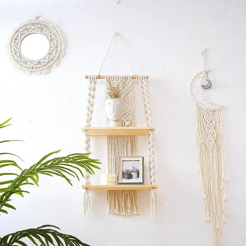 Boho 2-Tier Macrame Wall Hanging Shelf - Natural Cotton Rope Floating Shelf with Wooden Accents for Home Decor