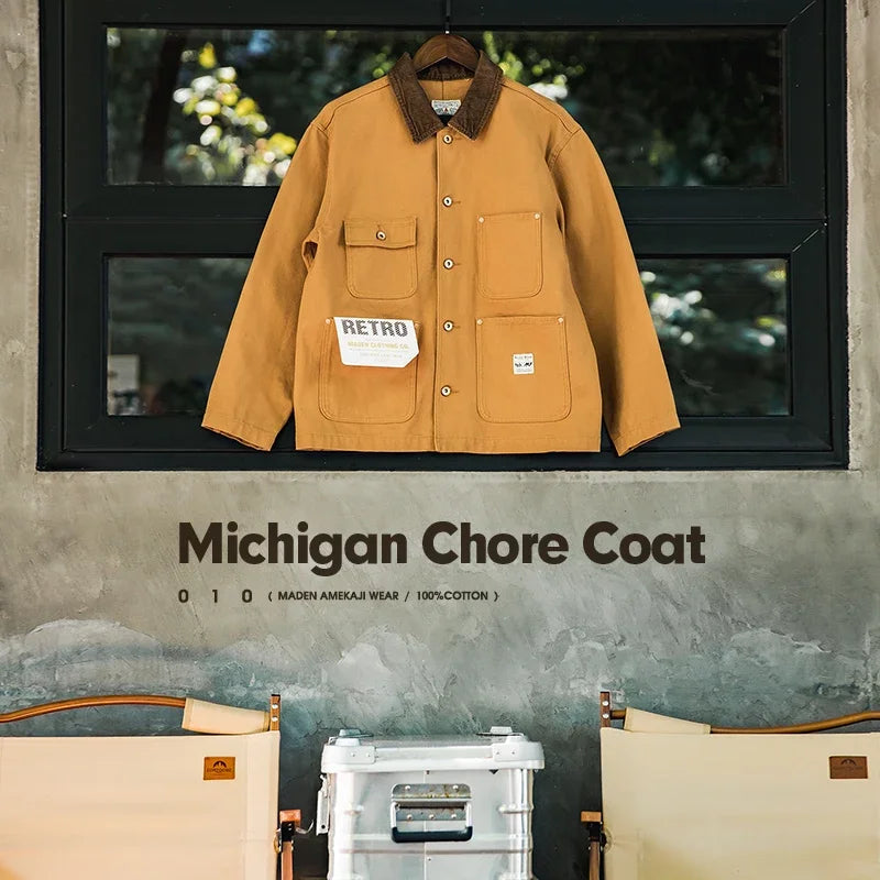 Men's Retro Maden Vintage Heavyweight Michigan Chore Coat | Durable Multi-Pocket Canvas Jacket | Autumn Amekaji Loose Fit Outerwear