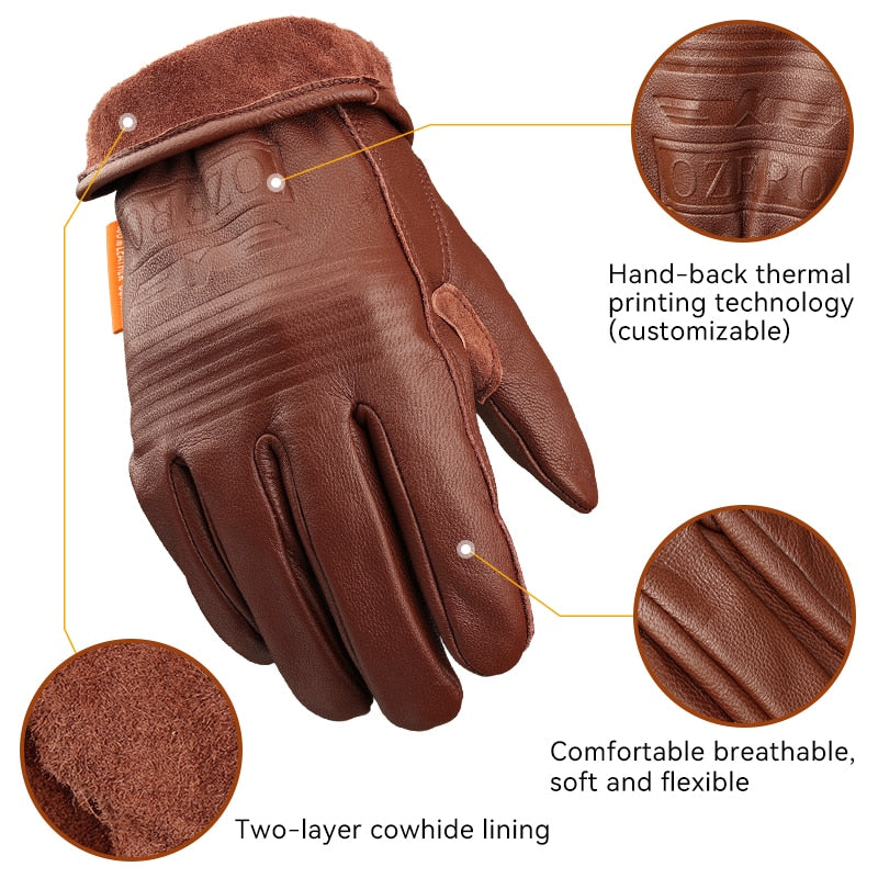 OZERO Retro Leather Motorcycle Gloves Non-Slip Breathable Unisex Full Finger Safety Gloves