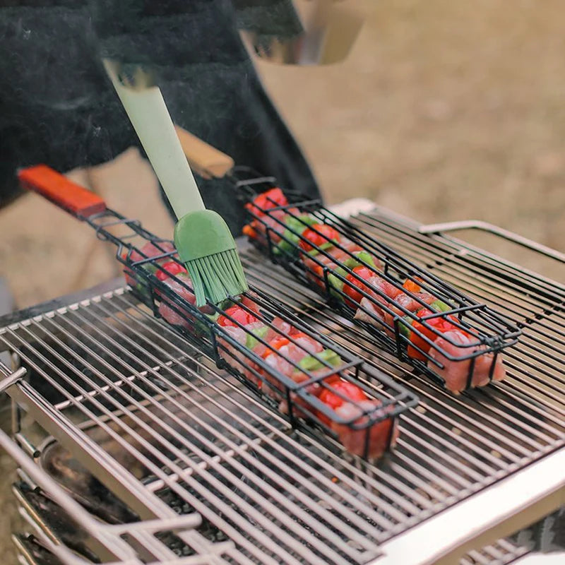 Elevate Your Outdoor Cooking with Our Wooden Handle BBQ Tool - Includes Meat and Veggie Barbecue Net Rack