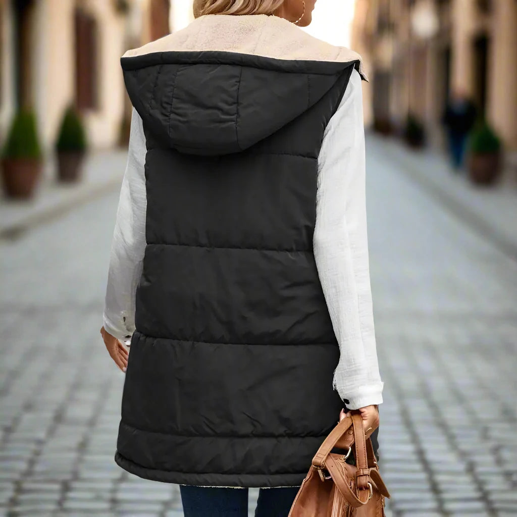 Women’s Reversible Hooded Fleece Vest Coat – Mid-Length Sleeveless Jacket for Fall & Winter Outerwear