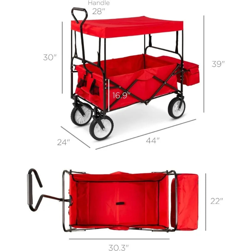 Alloy Steel Collapsible Folding Utility Wagon with Removable Canopy & Storage Pockets – 150lb Load Capacity for Outdoor Fun