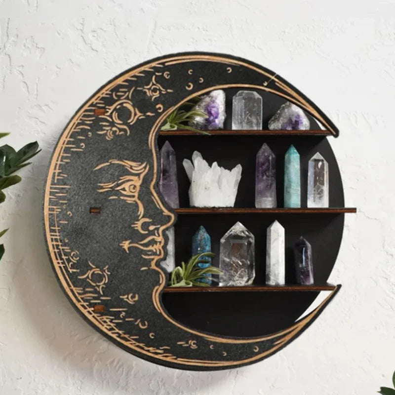 Boho Wooden Moon Face Shelf - Floating Wall Display Stand for Organizing Crystals, Jewelry, and Home Decor