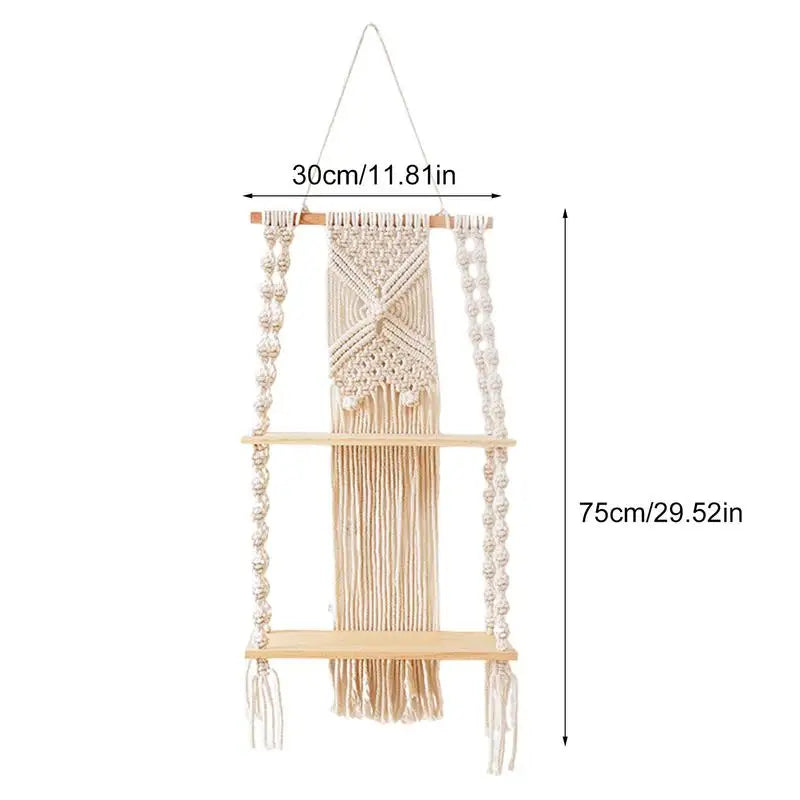 Boho 2-Tier Macrame Wall Hanging Shelf - Natural Cotton Rope Floating Shelf with Wooden Accents for Home Decor