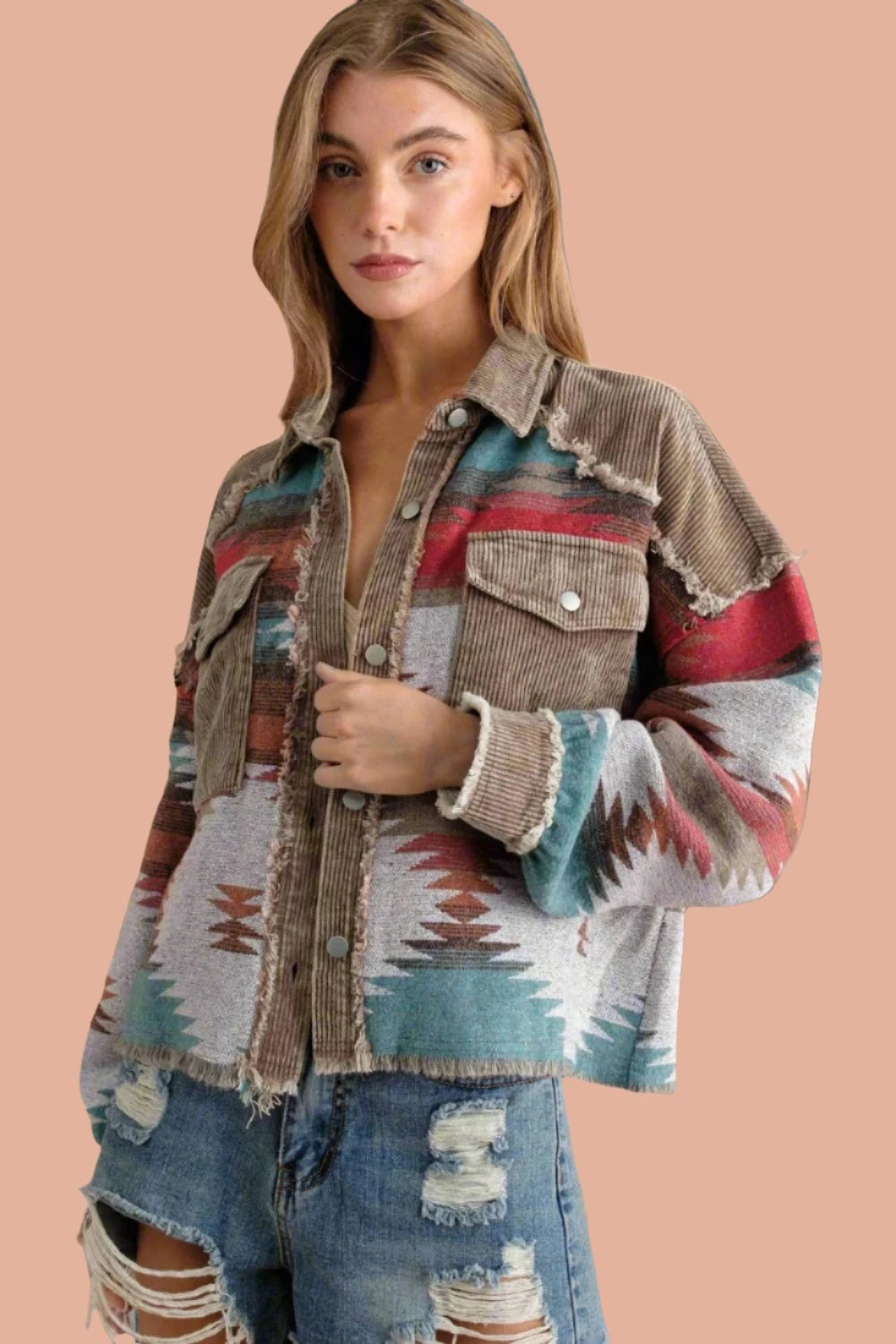 JASTIE Retro Aztec Print Corduroy Jacket for Women - Long Sleeve Lapel Collar Coat with Pockets and Single Breasted Closure