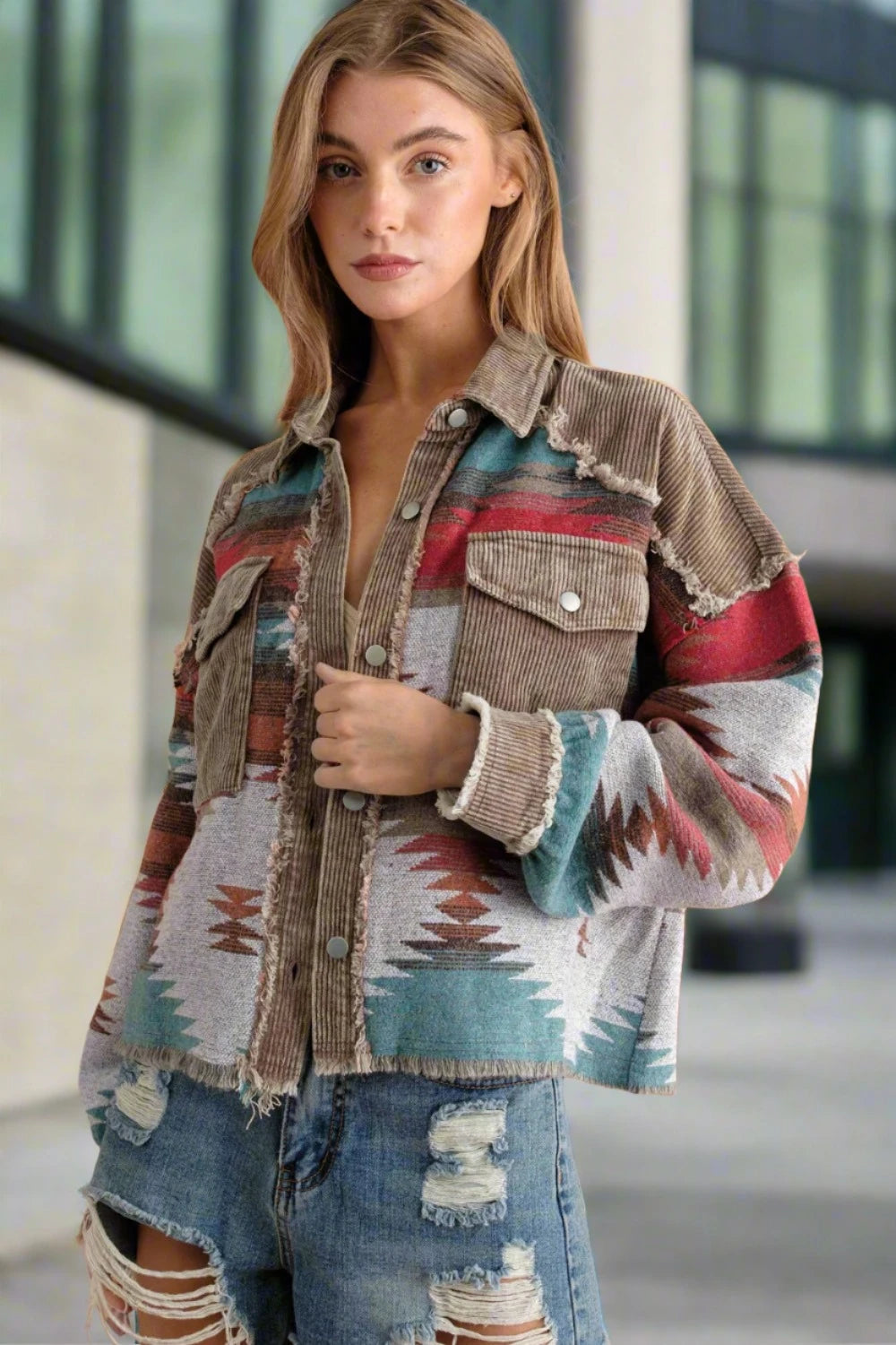 JASTIE Retro Aztec Print Corduroy Jacket for Women - Long Sleeve Lapel Collar Coat with Pockets and Single Breasted Closure