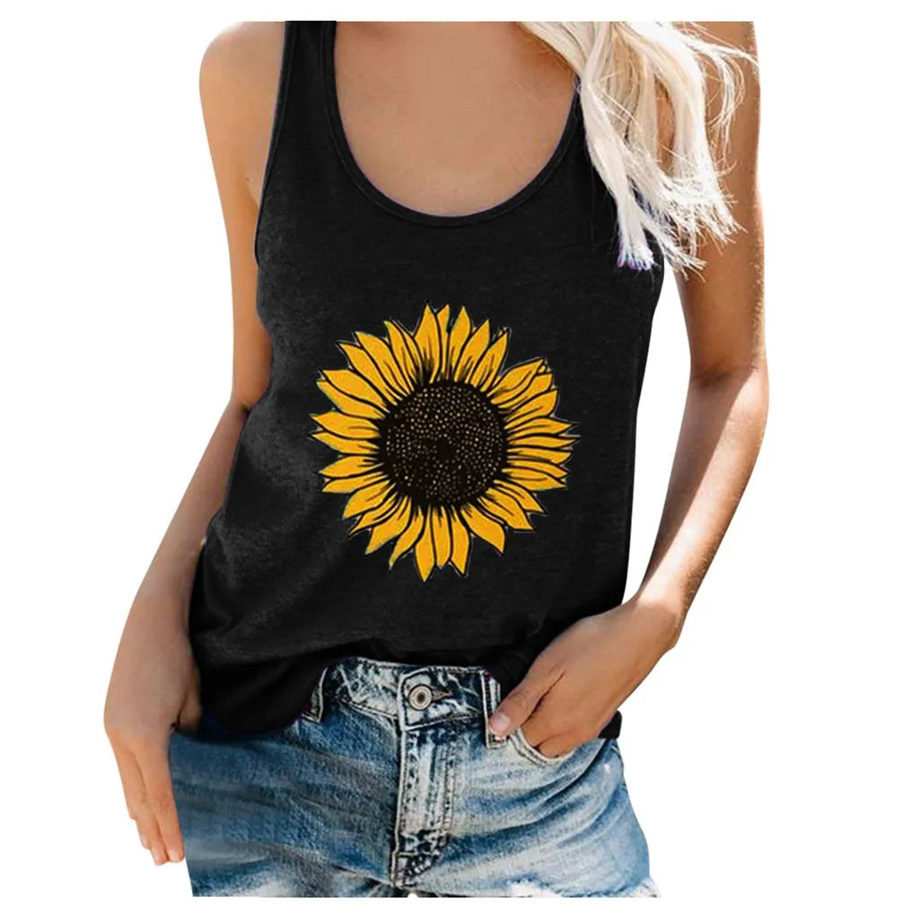 Women's Sleeveless Sunflower Print Tank Top - Summer Round Neck Top