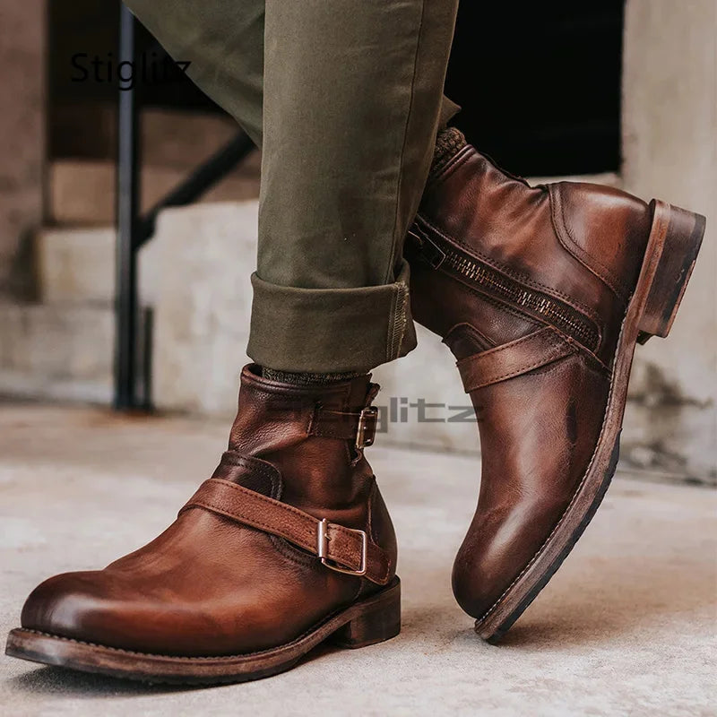 Men's Handmade Genuine Leather Cowboy Boots with Buckles and Zipper | Retro Strappy Ankle Boots for Outdoor Work and Adventure