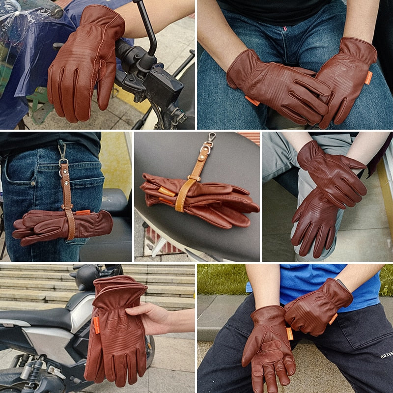 OZERO Retro Leather Motorcycle Gloves Non-Slip Breathable Unisex Full Finger Safety Gloves