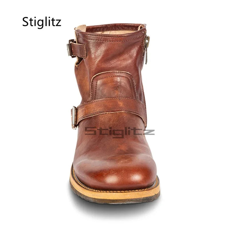 Men's Handmade Genuine Leather Cowboy Boots with Buckles and Zipper | Retro Strappy Ankle Boots for Outdoor Work and Adventure