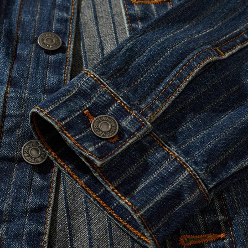 Rugged Men's Washed Denim Jacket - Versatile Striped Coat Ideal for Casual and Workwear