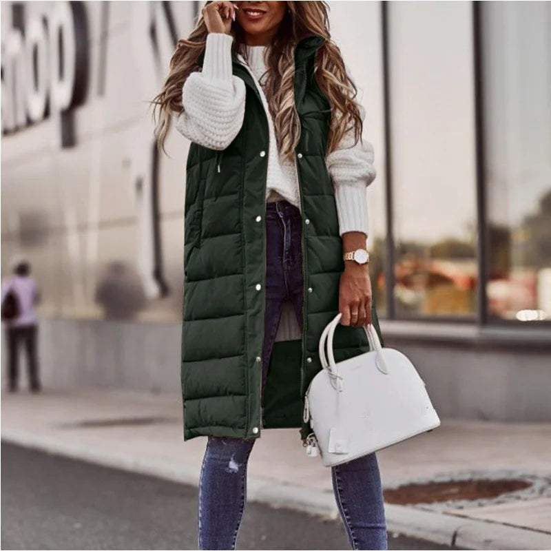 Women's Winter Long Quilted Sleeveless Waistcoat with Hood | Autumn/Winter Vest Coat (Up to 5XL)