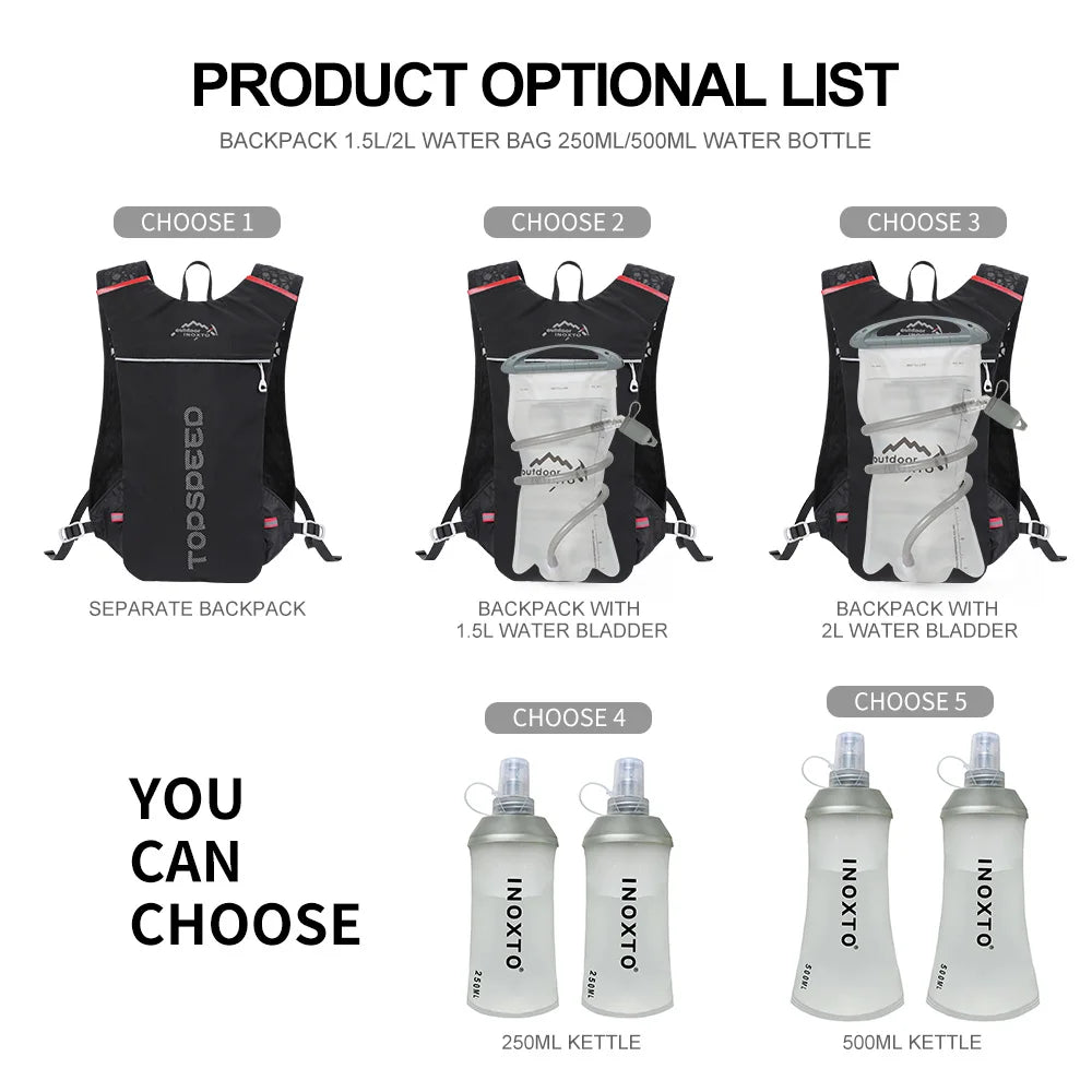 INOXTO Lightweight 5L Water Hydration Vest Backpack - 1.5L or 2L Water Bag