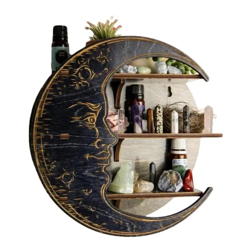 Boho Wooden Moon Face Shelf - Floating Wall Display Stand for Organizing Crystals, Jewelry, and Home Decor