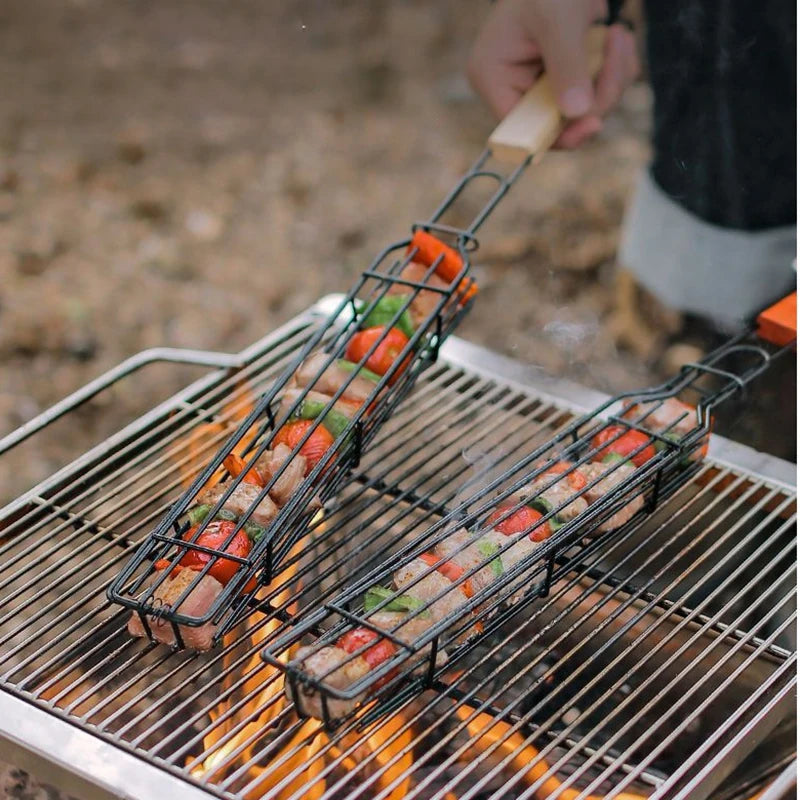 Elevate Your Outdoor Cooking with Our Wooden Handle BBQ Tool - Includes Meat and Veggie Barbecue Net Rack