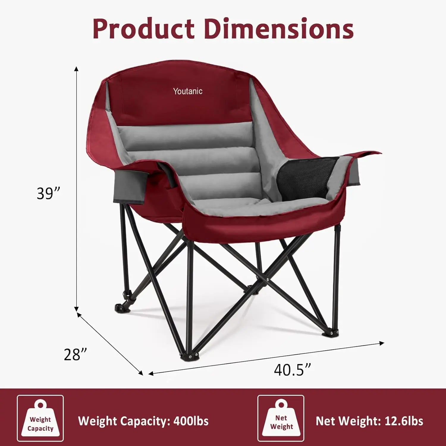 Heavy Duty Portable Camping Chair with Cup Holder, Side Pocket and Carry Bag - Can Support Up To 400lbs