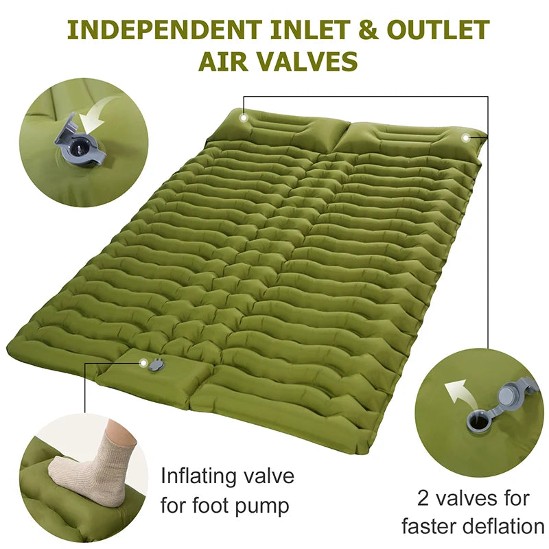 WESTTUNE Portable Double Sleeping Pad for Camping - 2 People Inflatable Mattress with Pillow and TPU Coating - 190x130cm