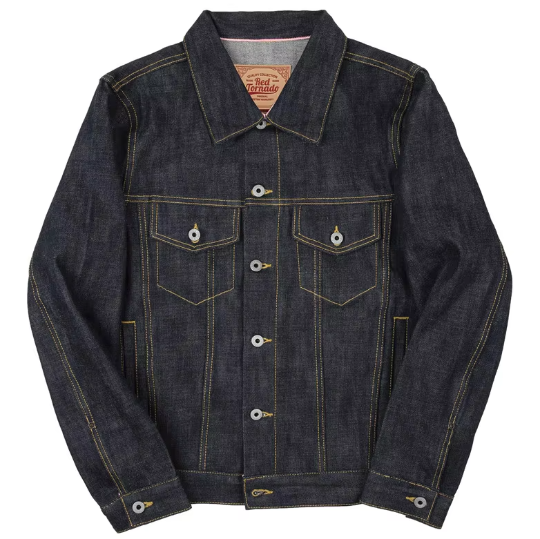 Men's Red Tornado 16oz Selvedge Denim Trucker Jacket Coat with Turn-down Collar + Pockets