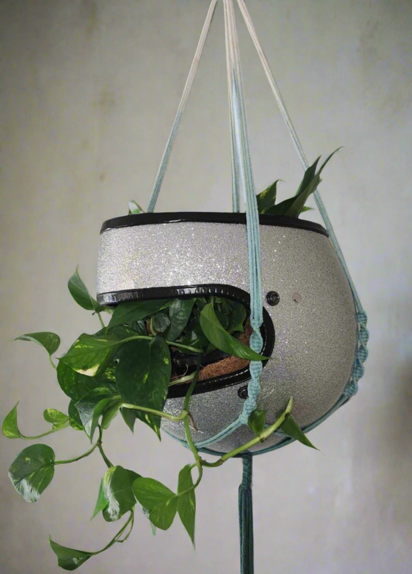 Handmade Full-Face Motorcycle Helmet Planters with Macrame Hanger - Eco-friendly Coconut Fiber Liner