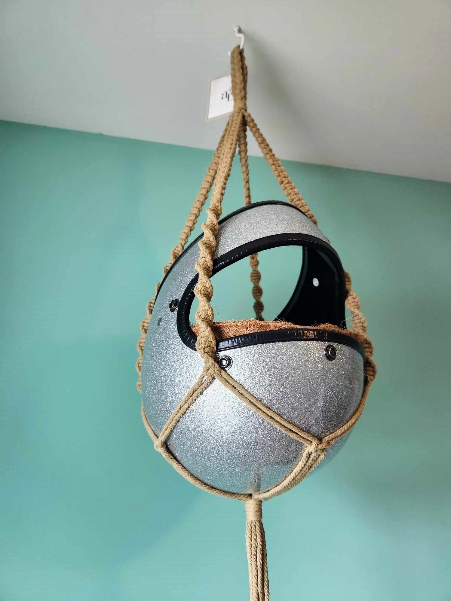 Handmade Full-Face Motorcycle Helmet Planters with Macrame Hanger - Eco-friendly Coconut Fiber Liner