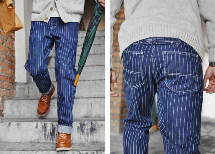 Men's Slim Fit Jeans with Striped Design and Button Fly Closure - Vintage Inspired High Quality Denim Jeans