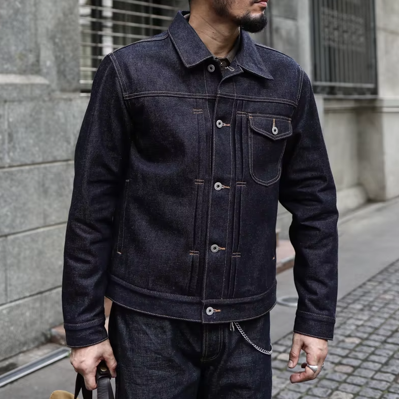 Men's Lightweight 18oz Selvedge Denim Jacket with Pocket - Breathable & Durable Casual Outerwear