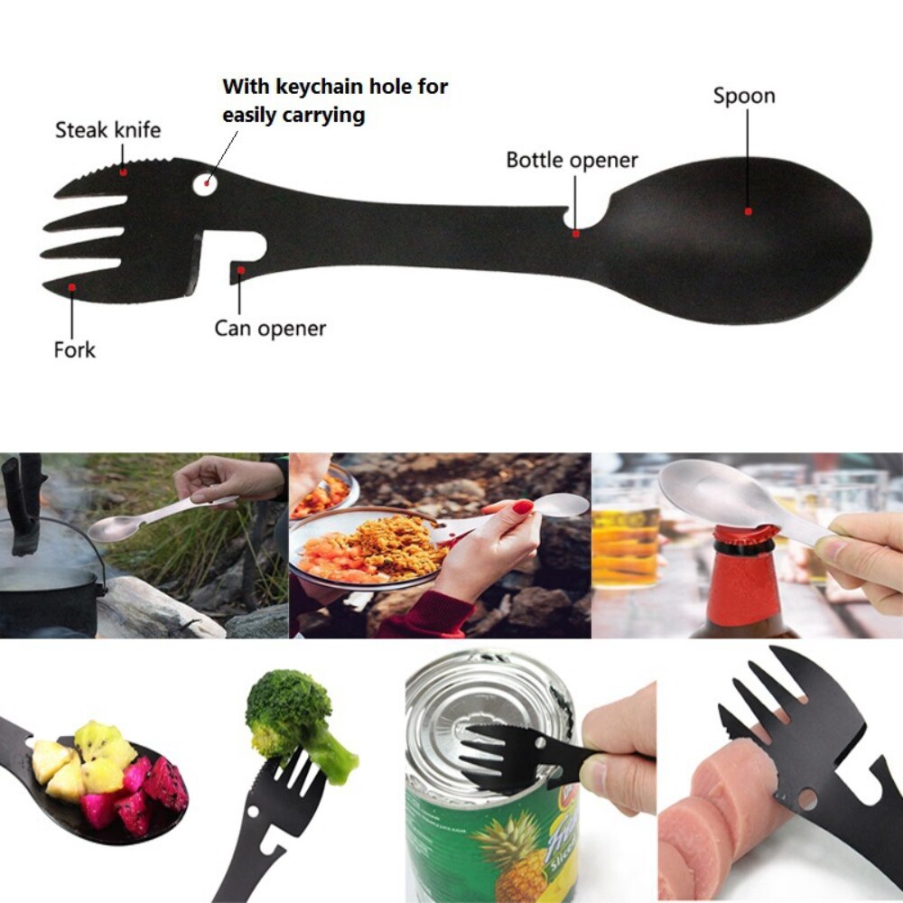 Multifunctional Stainless Steel Camping Tableware - 5-in-1 Fork Knife Spoon Bottle Can Opener for Outdoor Activities