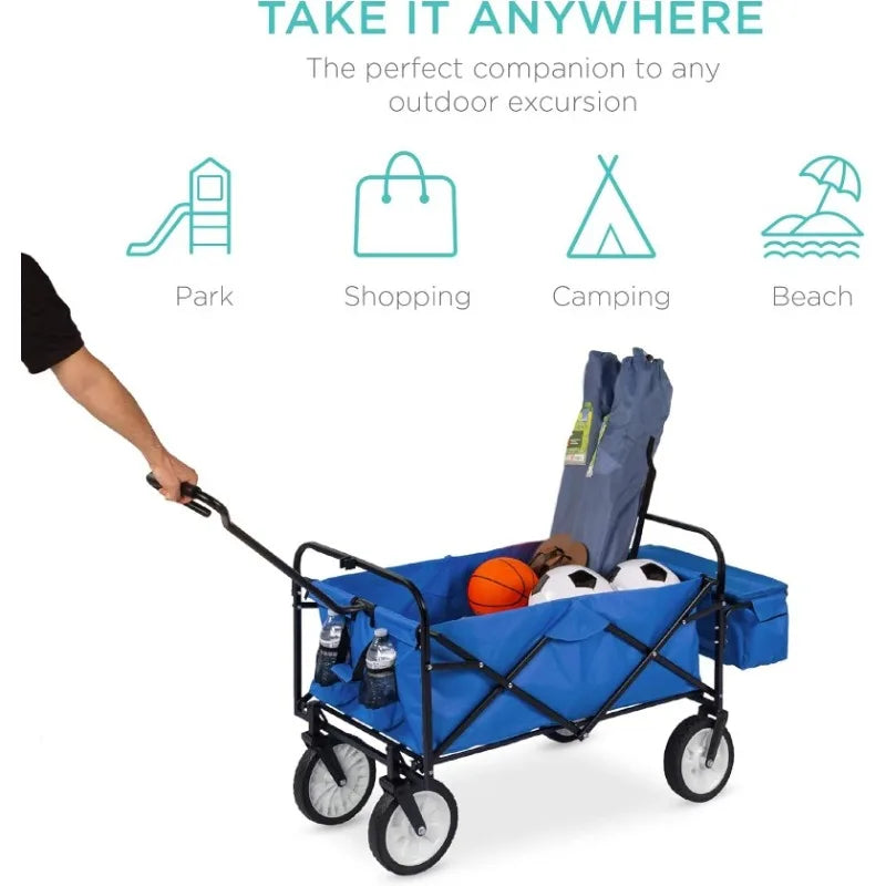 Alloy Steel Collapsible Folding Utility Wagon with Removable Canopy & Storage Pockets – 150lb Load Capacity for Outdoor Fun