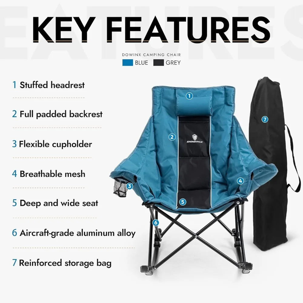 Oversized Portable Rocking Camping Chair with Full Padding, High Back Support, Side Storage Pocket & Carry Bag – Ideal for Outdoor & Patio Relaxation